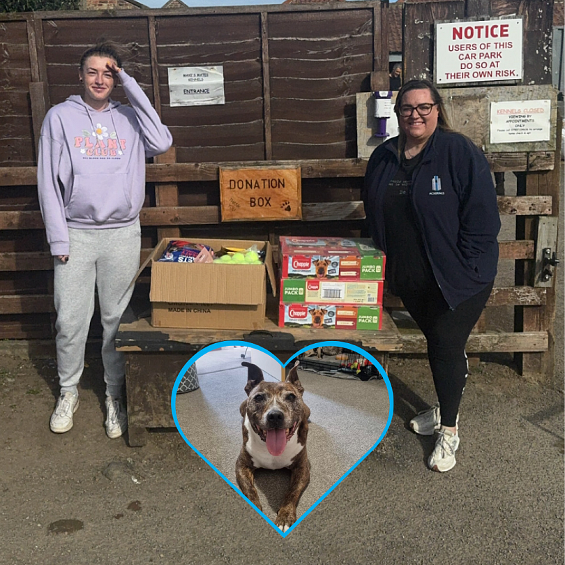 (L-R) Kayley Purdy, Marketing & Communications Assistant and Paula delivered essential supplies to Maxi's Mates in memory of her dog Kaiser