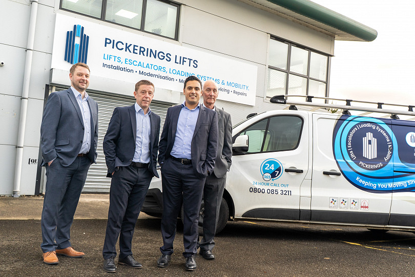 (L-R) James Church, National Operations Manager; Paul Brooks, Managing Director; Kiran Fothergill, Company Director; and Les Robertson, Scotland regional Manager officially opened the new Pickerings Lifts facility in Glasgow